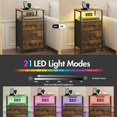 Bedside Table 3 Fabric Drawers &Wooden Tabletop, LED Nightstand With Charging Station And USB Por